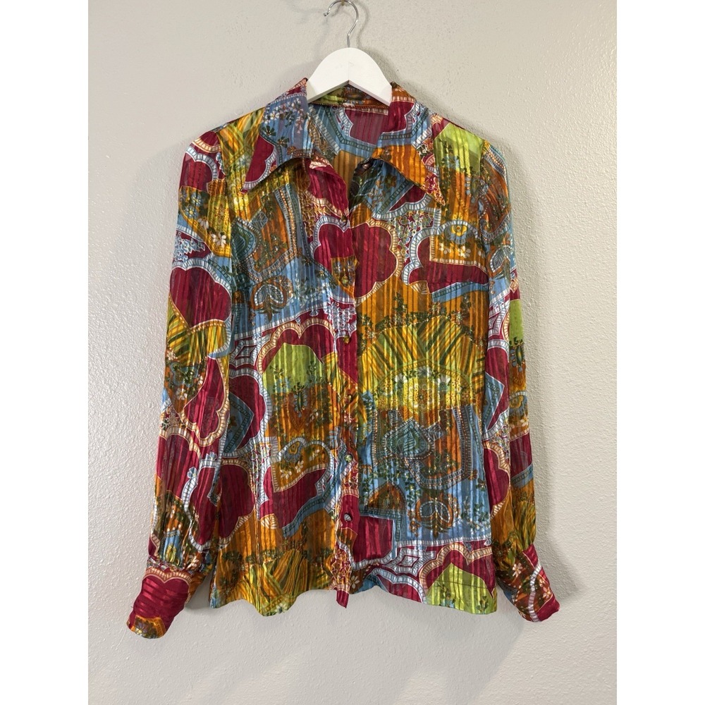 Vintage 70s Psychedelic Metallic Lurex Disco Blouse Mod Patchwork Shirt Small